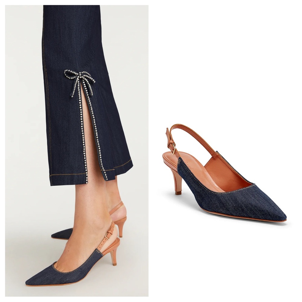 NEW Cinq a Sept Sylvie Denim Slingback Pump Heels Tan Leather Size 38